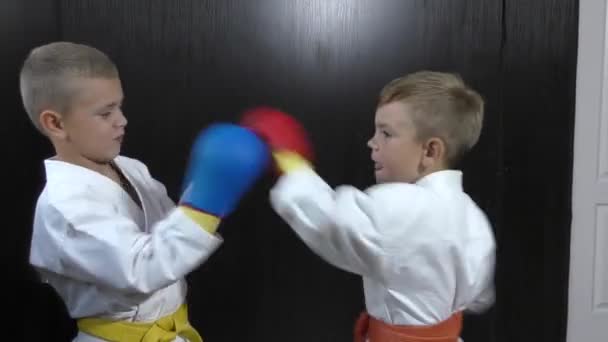 Мальчики Спортсмены Синими Красными Прокладками Руках Выполняют Парные Упражнения Удары — стоковое видео