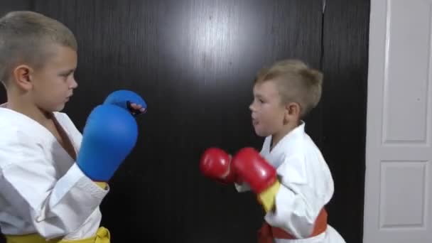 Boys Athletes Blue Red Pads Hands Paired Exercises Punches — Stock videók