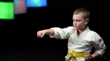 Sarı kuşaklı bir sporcu çocuk siyah arka planda renk değiştiren spot ışıklarına yumruk atıyor.