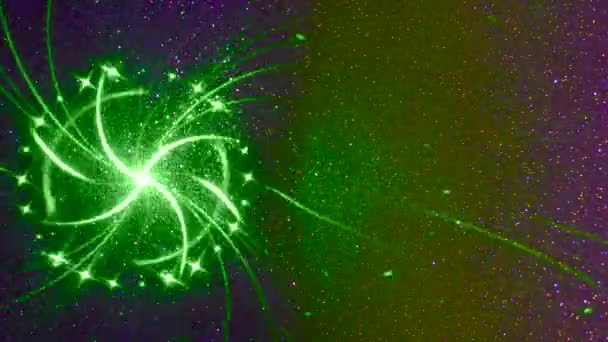 Een Blauwgroene Lila Fijnkorrelige Achtergrond Bewegende Veelkleurige Figuren Groene Stralen — Stockvideo