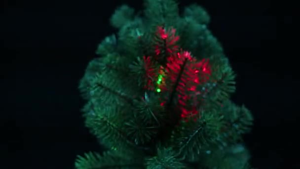 Een Groen Versierde Kerstboom Met Iriserende Lichtstralen Draait Een Zwarte — Stockvideo