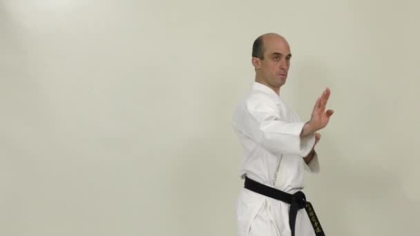 Hivatalos Gyakorlatot Egy Sportoló Végzi Karategiban — Stock videók