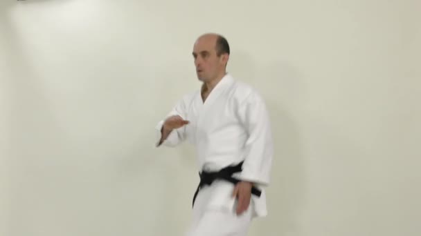 Golpes Rodilla Mano Salto Son Realizados Por Atleta Karategi — Vídeos de Stock