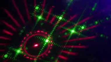 Koyu mavi arka planda pembe ve yeşil renkli yanıp sönen ve uçan animasyon desenleri