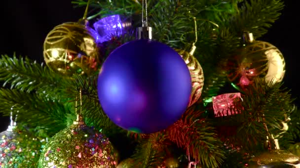 Bola Natal Biru Dengan Latar Belakang Cabang Pohon Natal Dan — Stok Video