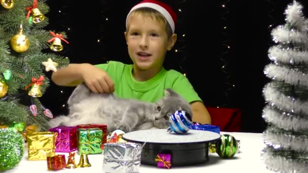 Ett Barn Jultomte Hatt Leker Med Katt Nära Julgran Och — Stockvideo
