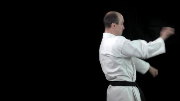 Siyah Arka Planda Yetişkin Bir Atlet Resmi Karate Egzersizleri Yapar — Stok video