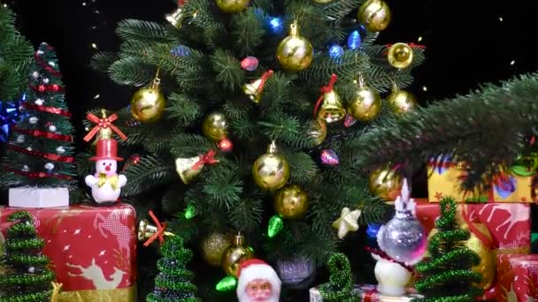 Natal Movimento Pequeno Papai Noel Entre Pequenas Árvores Natal Presentes — Vídeo de Stock