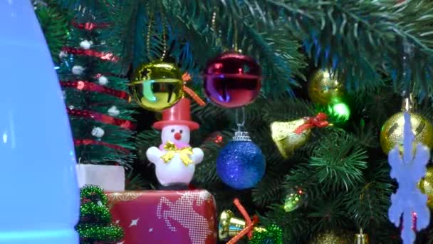 Dekorovaný Vánoční Stromek Rotuje Blízkosti Sněhuláka Dárek Další Vánoční Stromky — Stock video