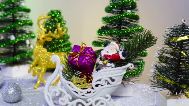 Close Santa Claus Gifts Sleigh Christmas Trees Toys — Stock Video
