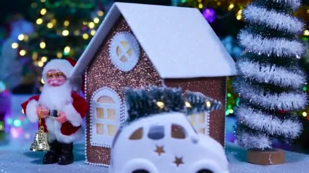 Half Blurred Background Christmas House Christmas Tree Car Santa Claus — Stock Video