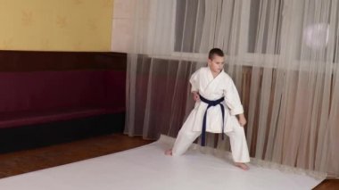 Mavi kuşaklı erkek sporcu resmi karate egzersizleri yapıyor.