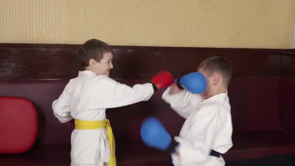 两个手拿着垫子的运动员男孩用手训练打斗和挡板 — 图库视频影像