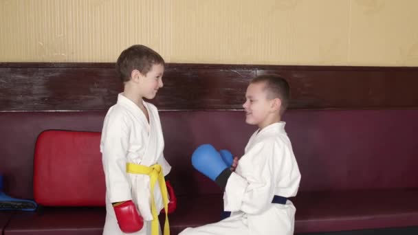 两个手拿着红色和蓝色垫子的运动员男孩手拿着铁拳和铁块 — 图库视频影像