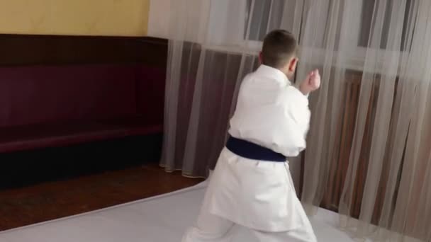 Atleet Met Blauwe Gordel Training Formele Karate Oefeningen — Stockvideo