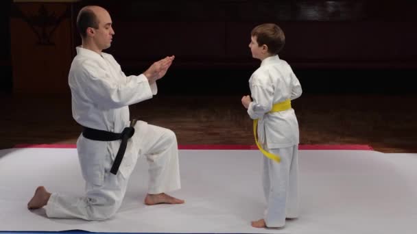 Little Athlete Yellow Belt Trains Kicks Palms Trainer Stock Video