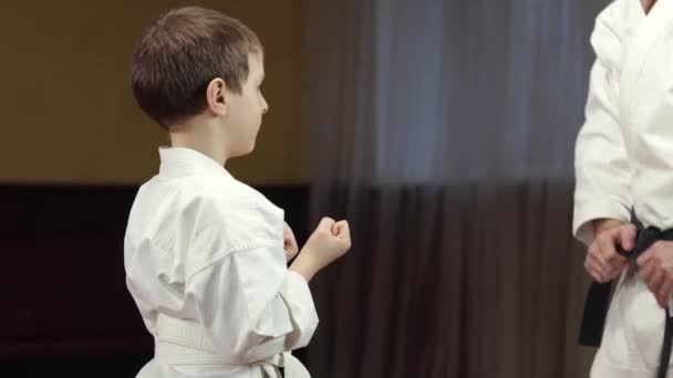 Petit Athlète Avec Une Ceinture Blanche Effectue Des Coups Poing — Video