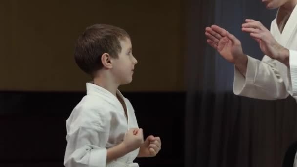 Little Athlete White Belt Performs Punches Palms Trainer Video Clip