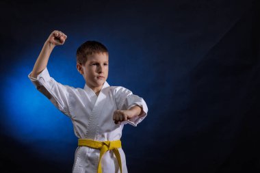 Koyu mavi arka planda, sarı kuşaklı küçük bir atlet resmi egzersizler yapar.