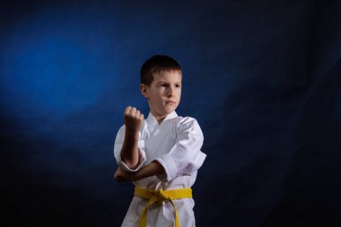 Koyu mavi arka planda, sarı kuşaklı küçük bir atlet resmi egzersizler yapar.