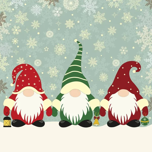 Three Cute Little Christmas Gnomes Santa Hats Blue Background — Stock Vector