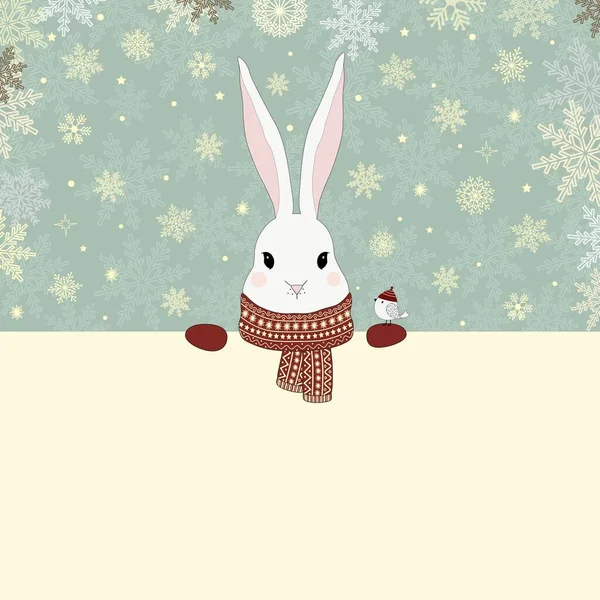 圣诞卡上有一只可爱的卡通兔子和文字的地方 — 图库矢量图片