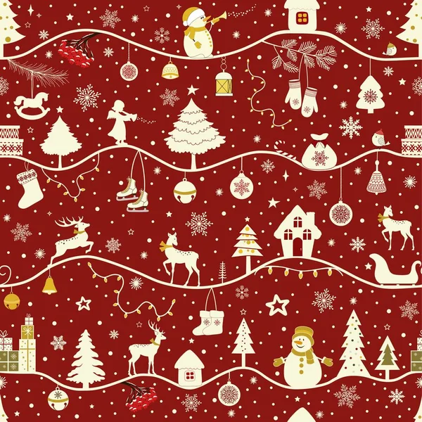 赤の背景にクリスマス要素とシームレスなパターンを挨拶 — ストックベクタ