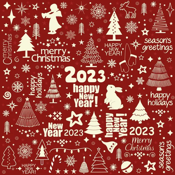 Christmas Greeting Pattern Holiday Inscriptions Elements Red Background — Stock Vector