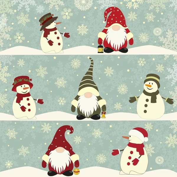 Ilustración Navidad Con Lindos Gnomos Dibujos Animados Muñeco Nieve Invierno — Vector de stock