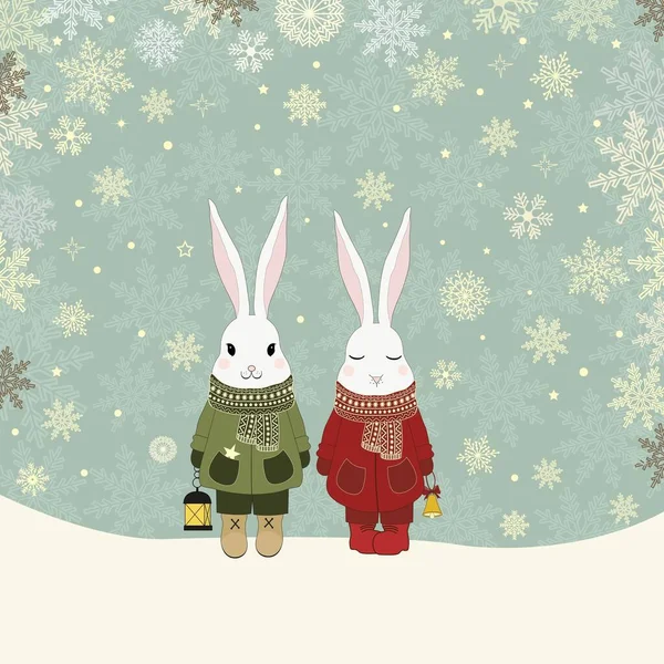 Boże Narodzenie Ilustracja Cute Królików Kreskówki Śniegu — Wektor stockowy