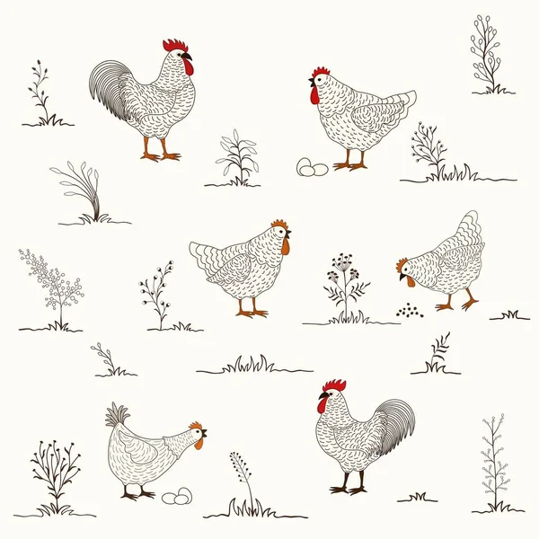 Cute Pattern Cartoon Chicken Plants — Stock Vector