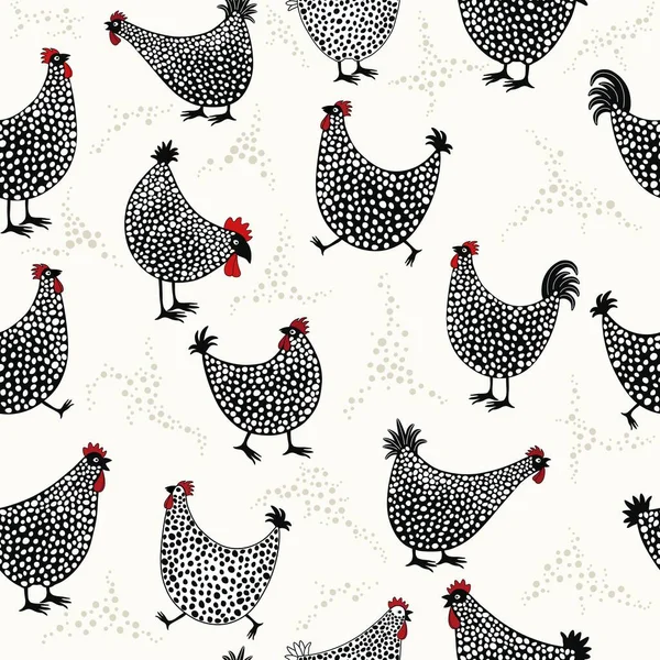 手描きのシームレスなパターンかわいい漫画の鶏 — ストックベクタ