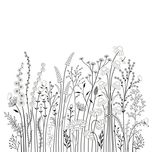 Karte Mit Abstrakten Niedlichen Blumen Schwarz Weiß Illustration — Stockvektor