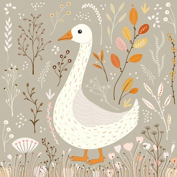 Card Isolated Cartoon Goose Colorful Abstract Herbs Royalty Free Stock Vectors