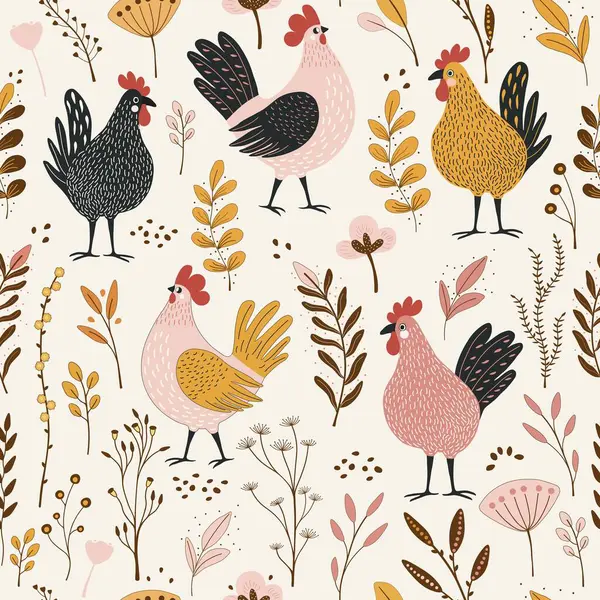 Floral Seamless Pattern Cute Cartoon Chickens White Background Vector Graphics