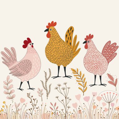  Çiçek desenli, beyaz arka planda üç tane çizgi film tavuğu var.