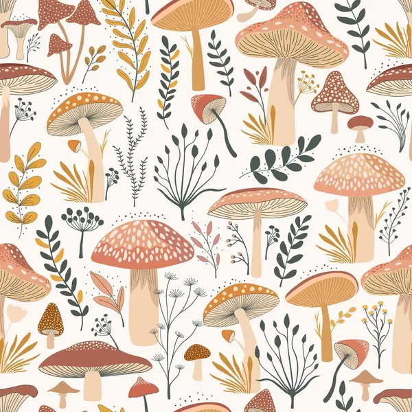 Seamless Pattern Set Colorful Wild Plants Cute Fungus White Background Vector Graphics