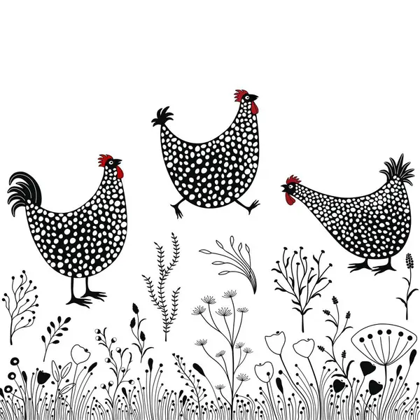 Kort Med Roliga Tecknade Kycklingar Svart Och Vit Illustration Royaltyfria illustrationer