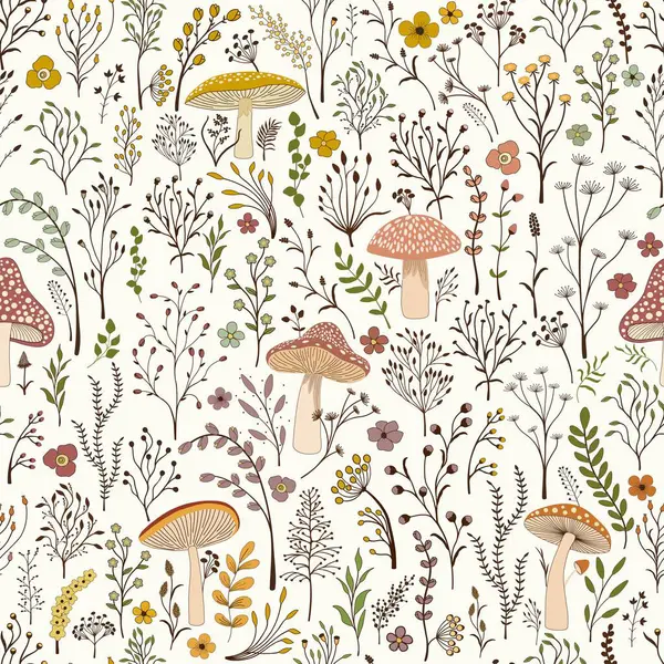 Seamless Pattern Set Colorful Wild Plants Cute Fungus White Background Stock Vector