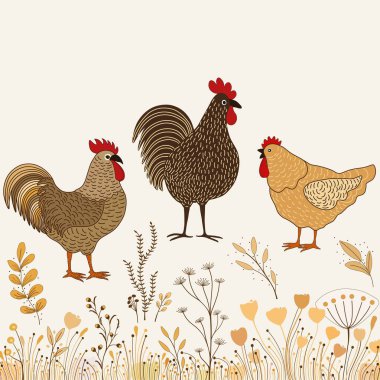  Çiçek desenli, beyaz arka planda üç tane çizgi film tavuğu var.