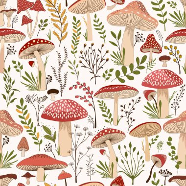 Kusursuz desen. Beyaz arka planda renkli yabani bitkiler ve şirin mantarlar.