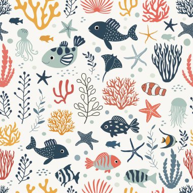 Balıklar ve deniz yıldızlarıyla kusursuz bir deniz şablonu. Deniz manzarası 