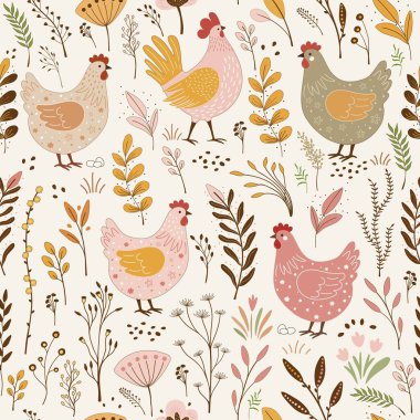  Çiçeksiz desenli, beyaz arka planda sevimli çizgi film tavukları.