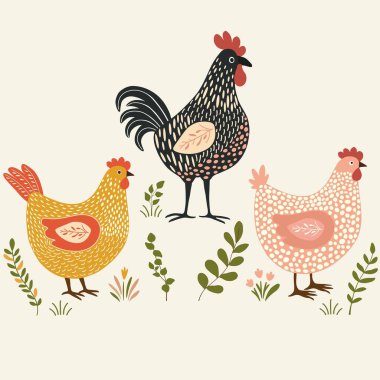 Çiçek desenli, beyaz arka planda üç tane çizgi film tavuğu var.