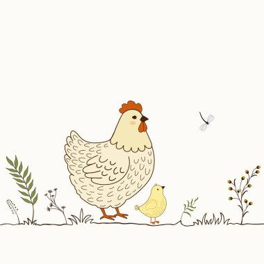 Beyaz arka planda komik çizgi film tavukları ve kelebek tasviri