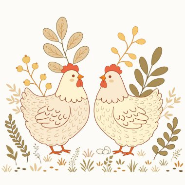 Beyaz arka planda iki komik tavuk tasviri