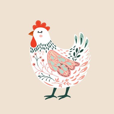 Bej arka planda sevimli karikatür çiçek tavuğu deseni