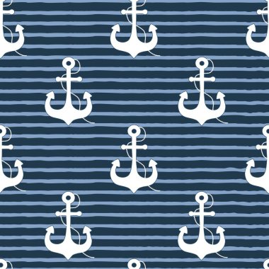 Açık mavi çizgili mavi zemin üzerinde beyaz çapaları olan kusursuz denizcilik deseni