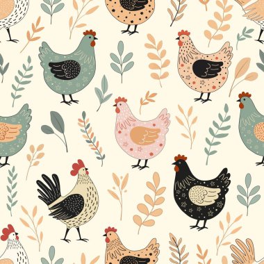 Çiçeksiz desenli, beyaz arka planda sevimli çizgi film tavukları.