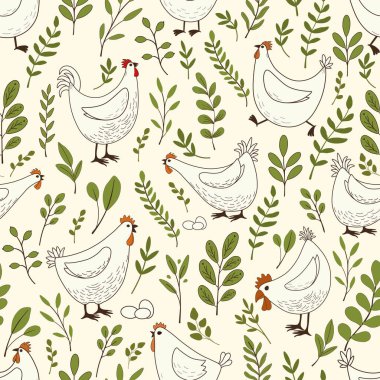Beyaz arka planda sevimli çizgi film tavukları olan kusursuz bir desen.